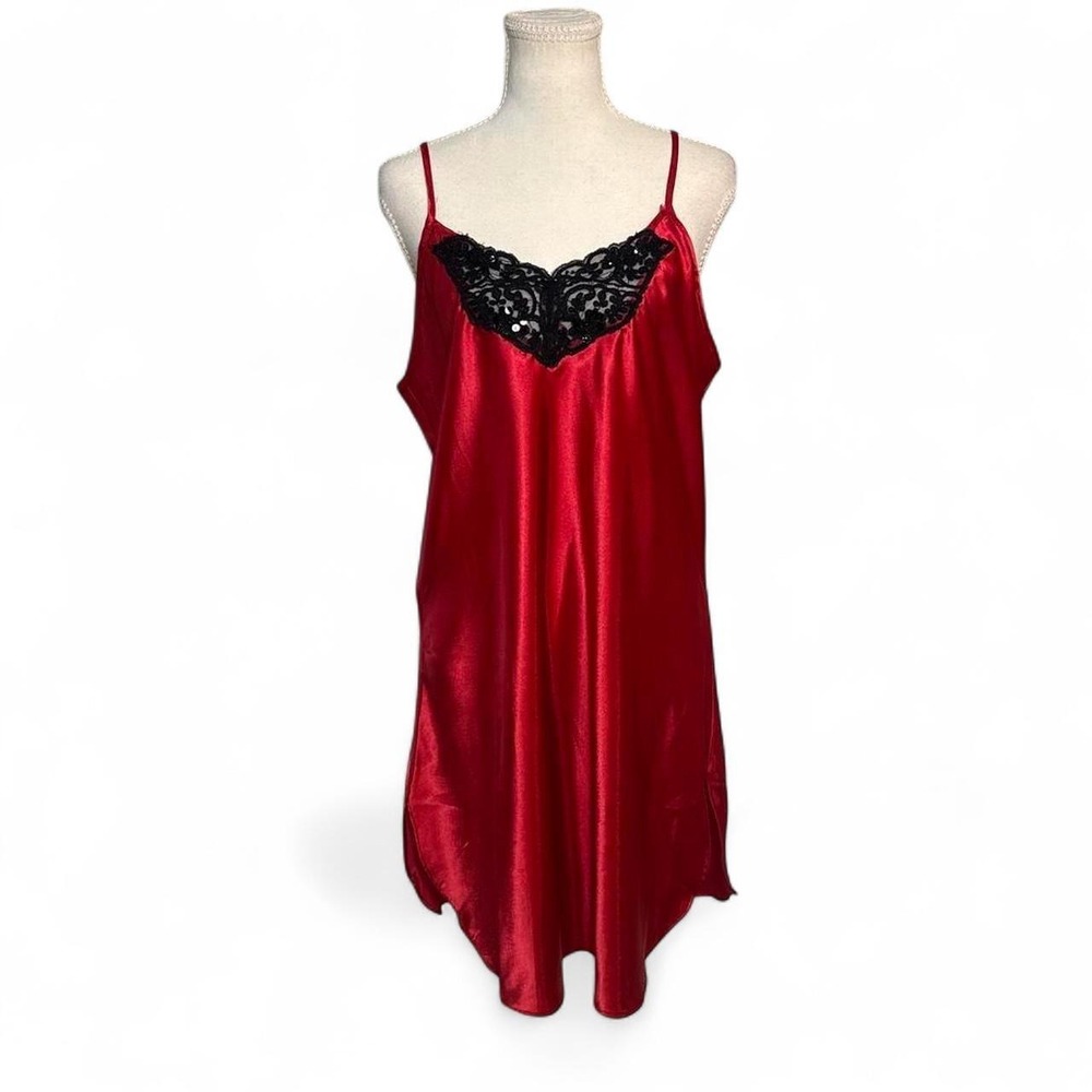 Vintage Inner Most Red Satin Black Lace Slip Dress Nightgown XL